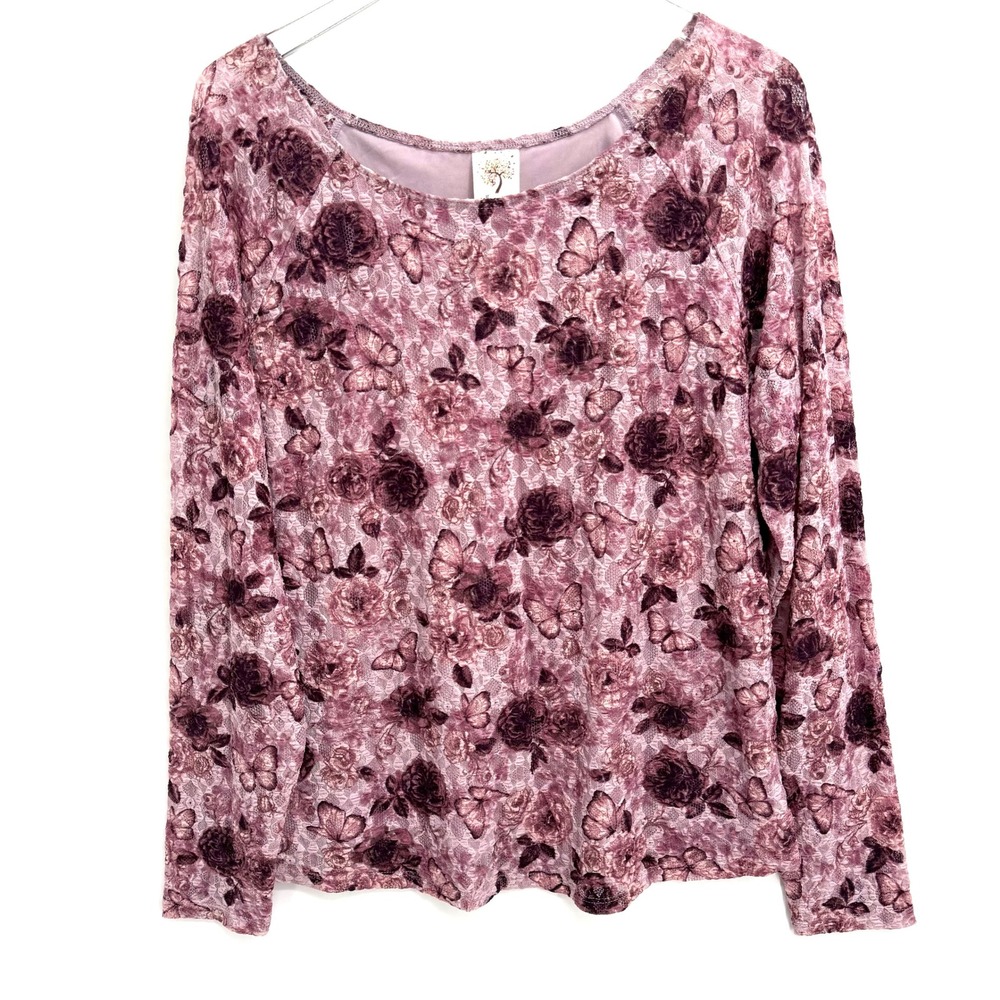 Self Esteem Floral Butterfly Lace Overlay Top 1X Purple Long Sleeve Y2K Style